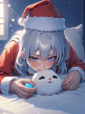 ultra realistic 8k cg, cinematic lighting, cool face, cool eyes, Santa playing with a hamster, sloppy face,shigure \(blue archive\)