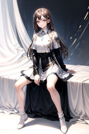 //Quality,
masterpiece, best quality
,//Character,
1girl, solo
,//Fashion, 
,//Background,
white_background
,//Others,
,spread legs, 
,Kelart, extremely long hair, brown hair, white hairband, brown eyes, medium chest, black sleeve, white outfit, black long skirt
