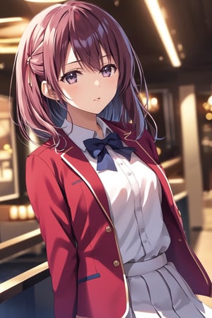 masterpiece, best quality, 8k, 8k UHD, ultra-high resolution, ultra-high definition, highres, cinematic lighting
,//Character, 
1girl, solo, sakurako tsubaki, purple eyes, bangs, long hair, parted lips, hair between eyes, medium hair
,//Fashion, 
white shirt, red jacket, bowtie, pleated_skirt
,//Background, 
,//Others, ,Expressiveh