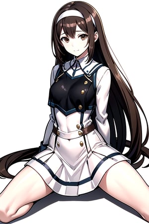 //Quality,
masterpiece, best quality
,//Character,
1girl, solo
,//Fashion, 
,//Background,
white_background
,//Others,
,spread legs, 
,Kelart, extremely long hair, brown hair, white hairband, brown eyes, medium chest, black sleeve, white outfit, black long skirt