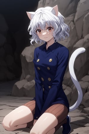 masterpiece, best quality, 8k, 8k UHD, ultra-high resolution, ultra-high definition, highres, cinematic lighting
,//Character, 
1girl, solo, ,hxhpitou, white hair, short hair, wavy hair, cat ears, cat tail
,//Fashion, 
long sleeves, blue shirt, brown shorts, socks, shoes
,//Background, 
,//Others, ,Expressiveh,
((A woman conductor leading an orchestra in an amphitheater carved into a cliff face.))