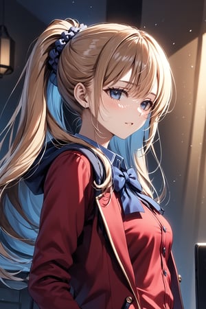 masterpiece, best quality, 8k, 8k UHD, ultra-high resolution, ultra-high definition, highres, cinematic lighting
,//Character, 
1girl, solo, long hair, scrunchie, hair scrunchie, very long hair, blue eyes, ponytail, bangshigh ponytail, blue scrunchie, brown hair, blonde hair, blunt bangsblue shirt, red jacket, bowtie
,//Fashion, 
,//Background, 
,//Others, ,Expressiveh