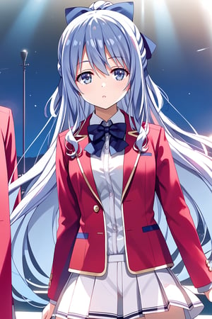 masterpiece, best quality, 8k, 8k UHD, ultra-high resolution, ultra-high definition, highres, cinematic lighting
,//Character, 
1girl, solo, hiyori shiina, 1girl, long hair, very long hair, blue eyes, hair ribbon, ribbon, blue hair, hair bow, hair between eyes
,//Fashion, 
white shirt, red jacket, bowtie, pleated_skirt
,//Background, 
,//Others, ,Expressiveh