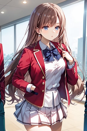 masterpiece, best quality, 8k, 8k UHD, ultra-high resolution, ultra-high definition, highres, cinematic lighting
,//Character, 
1girl, solo, chiaki matsushita, 1girl, brown hair, long hair, blue eyes, bangs, very long hair
,//Fashion, 
white shirt, red jacket, bowtie, pleated_skirt
,//Background, 
,//Others, ,Expressiveh