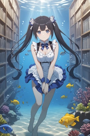 masterpiece, best quality, highres
,//Character, 
1girl,hestia, black hair, blue eyes,
twin tails/long hair, hair ornament
,//Fashion, 

,//Background, 
,//Others, ,Expressiveh, 
A girl in scuba gear exploring an underwater library, with fish swimming between bookshelves and seaweed growing from old tomes.