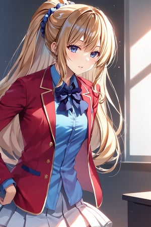 masterpiece, best quality, 8k, 8k UHD, ultra-high resolution, ultra-high definition, highres, cinematic lighting
,//Character, 
1girl, solo, long hair, scrunchie, hair scrunchie, very long hair, blue eyes, ponytail, bangshigh ponytail, blue scrunchie, brown hair, blonde hair, blunt bangsblue shirt, red jacket, bowtie, pleated_skirt
,//Fashion, 
,//Background, 
,//Others, ,Expressiveh