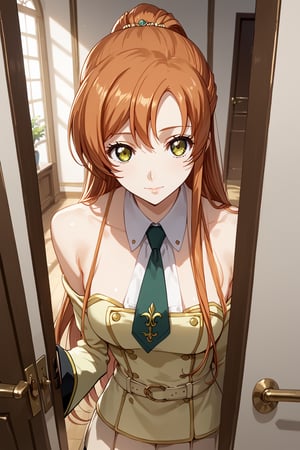 score_9,score_8_up,score_7_up,score_6_up, source_anime, masterpiece, best quality, 8k, 8k UHD, ultra-high resolution, ultra-high definition, highres, cinematic lighting
,//Character, 
1girl, solo,shirley fenette, orange hair, green eyes, half updo, long hair
,//Fashion, 
ashford academy school uniform
,//Background, front door, answering door, hand on door, opening door
,//Others, ,Expressiveh,
looking at viewer, 2/4 angle view, three quarter view, female focus