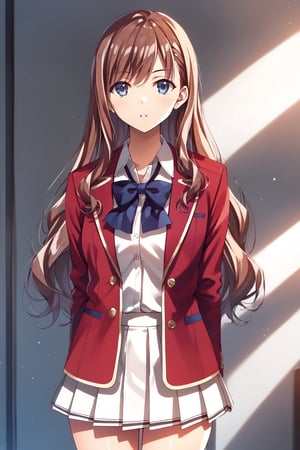 masterpiece, best quality, 8k, 8k UHD, ultra-high resolution, ultra-high definition, highres, cinematic lighting
,//Character, 
1girl, solo, chiaki matsushita, 1girl, brown hair, long hair, blue eyes, bangs, very long hair
,//Fashion, 
white shirt, red jacket, bowtie, pleated_skirt
,//Background, 
,//Others, ,Expressiveh