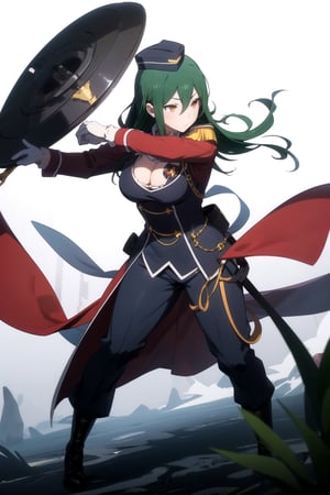 //Quality,
masterpiece, best quality
,//Character,
1girl, solo
,//Fashion, 
,//Background,
white_background, simple_background
,//Others,
pikkycrusch, 1girl, solo, green hair, long hair, hair between eyes, brown eyes, orange eyes, breasts, medium breasts, hat, garrison cap, gloves, uniform, white gloves, military uniform, pants