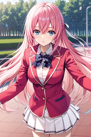 masterpiece, best quality, 8k, 8k UHD, ultra-high resolution, ultra-high definition, highres, cinematic lighting
,//Character, 
1girl, solo, honami ichinose, 1girl, long hair, blue eyes, pink hair, bangs, very long hair, hair between eyes
,//Fashion, 
white shirt, red jacket, bowtie, pleated_skirt
,//Background, 
,//Others, ,Expressiveh