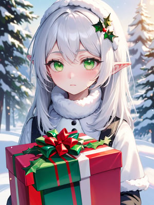 //Quality,
photo r3al, detailmaster2, masterpiece, photorealistic, 8k, 8k UHD, best quality, ultra realistic, ultra detailed, hyperdetailed photography, real photo, photorealistic, 8k, 
//Character,
cool snowman, realistic eyes, detailed face, upper body, facing viewer, (closeup), frieren, white hair, green eyes, long hair, pointy ears, parted bangs, 
//Fashion,
sunglasses, beautiful traditional headdress, 
//Background,
winter, outdoor, daylight, 
//Others,
,(christmas gift:1.5),