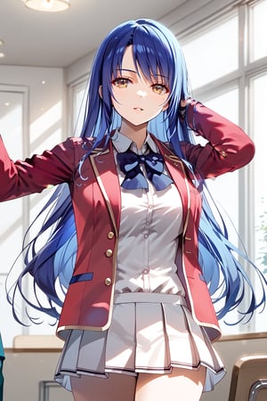 masterpiece, best quality, 8k, 8k UHD, ultra-high resolution, ultra-high definition, highres, cinematic lighting
,//Character, 
1girl, solo, haruka hasebe, 1girl, blue hair, long hair, mole, mole under eye, brown eyes
,//Fashion, 
white shirt, red jacket, bowtie, pleated_skirt
,//Background, 
,//Others, ,Expressiveh