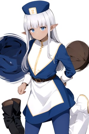 masterpiece, best quality
,//Character,
1girl, solo
,//Fashion, 
,//Background,
white_background, simple_background, blank_background
,//Others,
,Karla (kono healer mendokusai), white_hair, dark skin, dark-skinned female, blue headwear, leather_belt, blue_pants, tunic, blue_tunic, stole, blue_sleeves, white_gloves, blue_eyes, elf_ears, straight_hair, hime_cut, and blunt_bangs