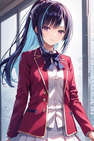 masterpiece, best quality, 8k, 8k UHD, ultra-high resolution, ultra-high definition, highres, cinematic lighting
,//Character, 
1girl, solo, yuki himeno, long hair, bangs, ponytail, multicolored hair, black hair, blue hair, purple eyes, blunt bangs, pink eyes, white shirt, red jacket, bowtie, pleated_skirt
,//Fashion, 
,//Background, 
,//Others, ,Expressiveh