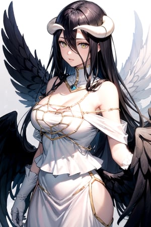 //Quality,
masterpiece, best quality
,//Character,
1girl, solo
,//Fashion,
,//Background,
white_background
,//Others,
,al1, demon horns, white gloves, white dress, bare shoulders, detached collar, cleavage, slit pupils, black wings, feathered wings, low wings,white dress,detached collar, full_body,black wings