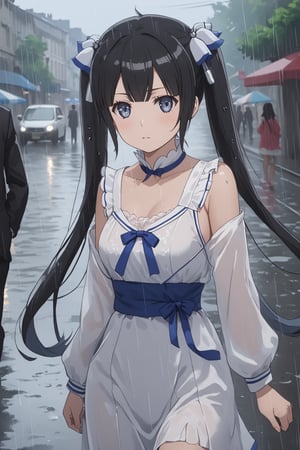 masterpiece, best quality, highres
,//Character, 
1girl,hestia, black hair, blue eyes,
twin tails/long hair, hair ornament
,//Fashion, 

,//Background, 
,//Others, ,Expressiveh, 
A girl in summer clothes caught in unexpected rain, her clothes clinging slightly.
