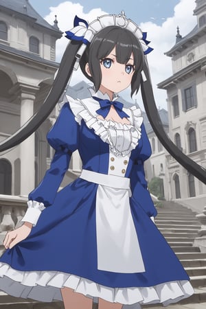 masterpiece, best quality, highres
,//Character, 
1girl,hestia, black hair, blue eyes,
twin tails/long hair, hair ornament
,//Fashion, 

,//Background, 
,//Others, ,Expressiveh, 
A young girl in a Victorian dress standing before a grand Western-style mansion on a stormy island, seagulls circling ominously overhead.