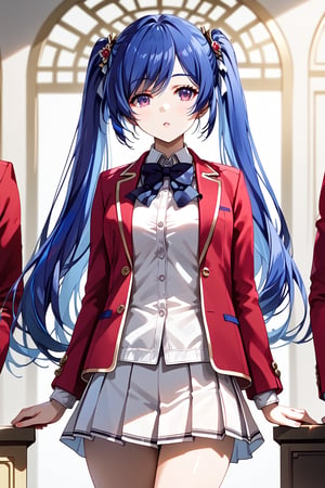 masterpiece, best quality, 8k, 8k UHD, ultra-high resolution, ultra-high definition, highres, cinematic lighting
,//Character, 
1girl, solo, mei-yu wang, 1girl, twintails, bangs, long hair, purple eyes, blue hair
,//Fashion, 
white shirt, red jacket, bowtie, pleated_skirt
,//Background, 
,//Others, ,Expressiveh