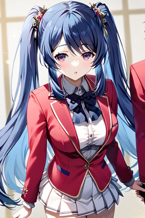 masterpiece, best quality, 8k, 8k UHD, ultra-high resolution, ultra-high definition, highres, cinematic lighting
,//Character, 
1girl, solo, mei-yu wang, 1girl, twintails, bangs, long hair, purple eyes, blue hair
,//Fashion, 
white shirt, red jacket, bowtie, pleated_skirt
,//Background, 
,//Others, ,Expressiveh