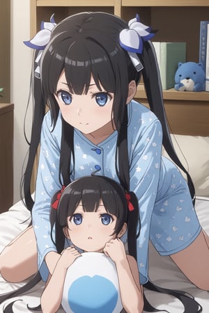 masterpiece, best quality, highres
,//Character, 
1girl,hestia, black hair, blue eyes,
twin tails/long hair, hair ornament
,//Fashion, 

,//Background, 
,//Others, ,Expressiveh, 
A girl in pajamas reaching for a high shelf, her top riding up slightly.