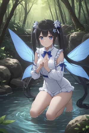 masterpiece, best quality, highres
,//Character, 
1girl,hestia, black hair, blue eyes,
twin tails/long hair, hair ornament
,//Fashion, 

,//Background, 
,//Others, ,Expressiveh, 
The same girl kneeling by a sparkling stream in the forest. She's reaching out to touch a glowing, fairy-like creature hovering above the water. The creature emits a soft blue light. The girl's expression is one of wonder and curiosity.