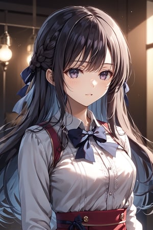 masterpiece, best quality, 8k, 8k UHD, ultra-high resolution, ultra-high definition, highres, cinematic lighting
,//Character, 
1girl, solo, suzune horikita, long hair, black hair, braid, purple eyes, very long hair, ribbon, hair ribbon, bangswhite shirt, red jacket, bowtie, pleated_skirt
,//Fashion, 
,//Background, 
,//Others, ,Expressiveh