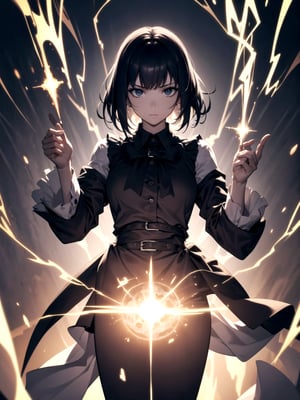 (masterpiece, top quality, best quality, official art, beautiful and aesthetic:1.2), 1girl, standing, hands up, close-up, magic, lightning, light rays, electric shock break, girl, break background school, magician, spell magic, style-swirlmagic:0.8, (using dark magic:1.4),narberal gamma