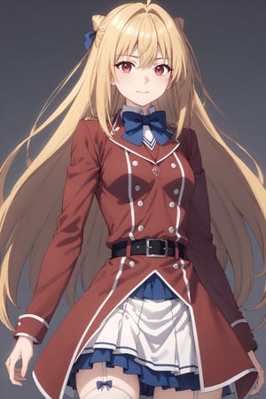 score_9,score_8_up,score_7_up,score_6_up, source_anime, masterpiece, best quality, 8k, 8k UHD, ultra-high resolution, ultra-high definition, highres, cinematic lighting
,//Character, 
1girl, solo,Terakomari, long hair, blonde hair, red eyes, ahoge
,//Fashion, 
red coat, belt buckle, blue bowtie, long sleeves, white skirt, bow, white thighhighs, garter straps
,//Background, 
,//Others, ,Expressiveh,
The girl climbing a steep, rocky cliff face. Her dress is slightly torn, and her hair is windswept. She's reaching for a handhold, determination evident on her face. Dark storm clouds gather in the background, adding drama to the scene.