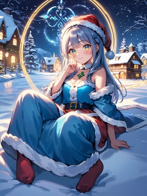 (masterpiece, top quality, best quality, highres, extremely detailed CG, 8k:1.2),
(Illustration, focus, perfect lighting, :1.0), (official art, beautiful and aesthetic:1.0), 
santa, night with bright colorful lights, When the magic circle on the ground is activated, Santa sitting,shigure \(blue archive\)