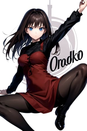 //Quality,
masterpiece, best quality
,//Character,
1girl, solo
,//Fashion, 
,//Background,
white_background
,//Others,
,spread legs, 
,aaaoko, long hair, brown hair, black shirt, red dress, long sleeves, black pantyhose