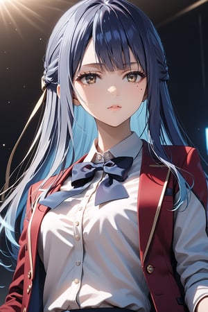 masterpiece, best quality, 8k, 8k UHD, ultra-high resolution, ultra-high definition, highres, cinematic lighting
,//Character, 
1girl, solo, haruka hasebe, 1girl, blue hair, long hair, mole, mole under eye, brown eyes
,//Fashion, 
white shirt, red jacket, bowtie, pleated_skirt
,//Background, 
,//Others, ,Expressiveh