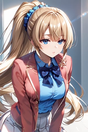 masterpiece, best quality, 8k, 8k UHD, ultra-high resolution, ultra-high definition, highres, cinematic lighting
,//Character, 
1girl, solo, long hair, scrunchie, hair scrunchie, very long hair, blue eyes, ponytail, bangshigh ponytail, blue scrunchie, brown hair, blonde hair, blunt bangsblue shirt, red jacket, bowtie, pleated_skirt
,//Fashion, 
,//Background, 
,//Others, ,Expressiveh