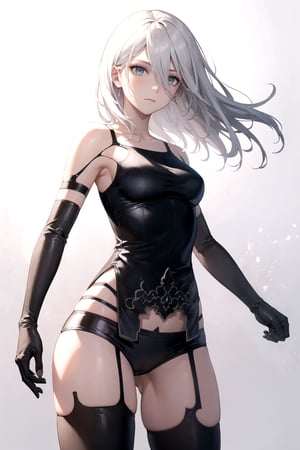 //Quality,
masterpiece, best quality
,//Character,
1girl, solo
,//Fashion,
,//Background,
white_background, simple_background, blank_background
,//Others,
,phSaber, ,a2_nierautomata, gloves, black gloves, elbow gloves, mole, tank top, hair between eyes