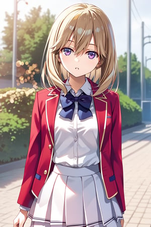 masterpiece, best quality, 8k, 8k UHD, ultra-high resolution, ultra-high definition, highres, cinematic lighting
,//Character, 
1girl, solo, sakurako tsubaki, purple eyes, bangs, long hair, parted lips, hair between eyes, medium hair
,//Fashion, 
white shirt, red jacket, bowtie, pleated_skirt
,//Background, 
,//Others, ,Expressiveh