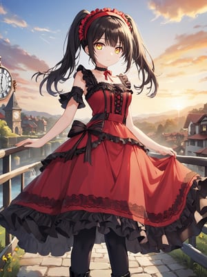 //Quality,
masterpiece, best quality, ultra detailed, 8K-UHD
,//Character,
1girl, solo
,//Fashion,
,//Background,
sky, outdoor
,//Others,
,AsanagiStyle,READ DESCRIPTION, clock eyes, red eye, yellow eye, heterochromia, black hair, twintails, hairband, red dress, striped bow, frills, detached sleeves, frilled choker, black thighhighs, garter straps, lace-up boots