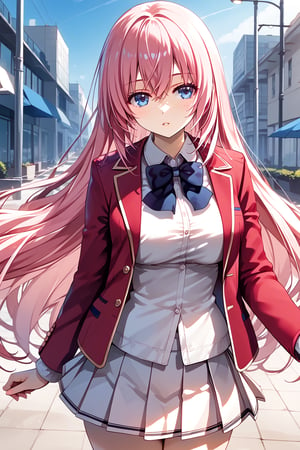 masterpiece, best quality, 8k, 8k UHD, ultra-high resolution, ultra-high definition, highres, cinematic lighting
,//Character, 
1girl, solo, honami ichinose, 1girl, long hair, blue eyes, pink hair, bangs, very long hair, hair between eyes
,//Fashion, 
white shirt, red jacket, bowtie, pleated_skirt
,//Background, 
,//Others, ,Expressiveh