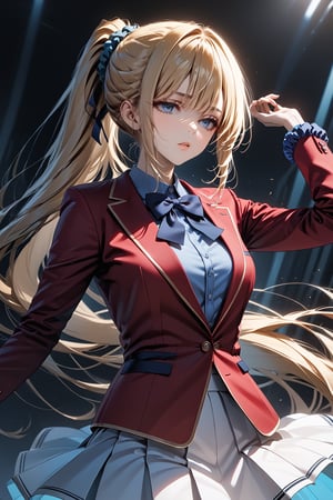 masterpiece, best quality, 8k, 8k UHD, ultra-high resolution, ultra-high definition, highres, cinematic lighting
,//Character, 
1girl, solo, long hair, scrunchie, hair scrunchie, very long hair, blue eyes, ponytail, bangshigh ponytail, blue scrunchie, brown hair, blonde hair, blunt bangsblue shirt, red jacket, bowtie, pleated_skirt
,//Fashion, 
,//Background, 
,//Others, ,Expressiveh