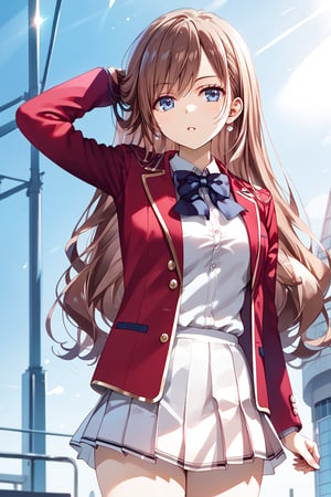 masterpiece, best quality, 8k, 8k UHD, ultra-high resolution, ultra-high definition, highres, cinematic lighting
,//Character, 
1girl, solo, chiaki matsushita, 1girl, brown hair, long hair, blue eyes, bangs, very long hair
,//Fashion, 
white shirt, red jacket, bowtie, pleated_skirt
,//Background, 
,//Others, ,Expressiveh