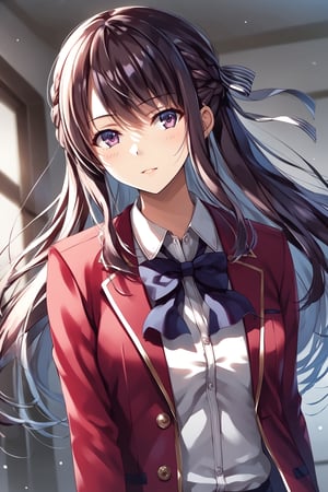 masterpiece, best quality, 8k, 8k UHD, ultra-high resolution, ultra-high definition, highres, cinematic lighting
,//Character, 
1girl, solo, suzune horikita, long hair, black hair, braid, purple eyes, very long hair, ribbon, hair ribbon, bangswhite shirt, red jacket, bowtie, pleated_skirt
,//Fashion, 
,//Background, 
,//Others, ,Expressiveh