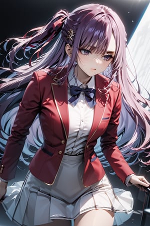 masterpiece, best quality, 8k, 8k UHD, ultra-high resolution, ultra-high definition, highres, cinematic lighting
,//Character, 
1girl, solo, masumi kamuro, 1girl, long hair, hairclip, hair ornament, purple eyes, one side up, purple hair, ribbon, hair ribbon, very long hair
,//Fashion, 
white shirt, red jacket, bowtie, pleated_skirt
,//Background, 
,//Others, ,Expressiveh