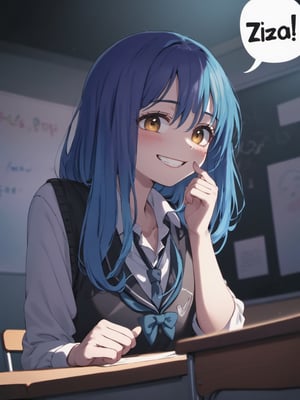 illustration, school uniform, grin, a hand cover mouth, opened clothes, foot, low angle, moody lighting, atmospheric, black background, cowboy shot, sit on desk, in class room, 
blue hair,Text ,“Za-ko” with a cartoon-style speech bubble, looking down with half an eye,blue hair