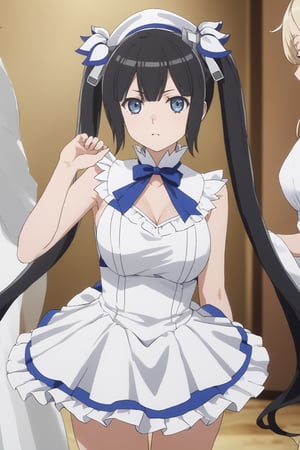 masterpiece, best quality, highres
,//Character, 
1girl,hestia, black hair, blue eyes,
twin tails/long hair, hair ornament
,//Fashion, 

,//Background, 
,//Others, ,Expressiveh, 
A cosplayer adjusting her elaborate costume, unaware of a minor wardrobe malfunction.