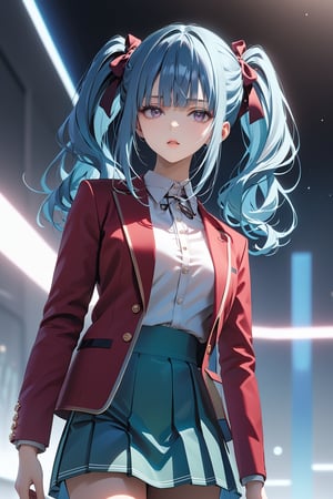 masterpiece, best quality, 8k, 8k UHD, ultra-high resolution, ultra-high definition, highres, cinematic lighting
,//Character, 
1girl, solo, mei-yu wang, 1girl, twintails, bangs, long hair, purple eyes, blue hair
,//Fashion, 
white shirt, red jacket, bowtie, pleated_skirt
,//Background, 
,//Others, ,Expressiveh