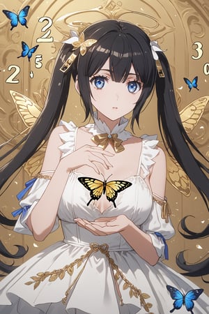 masterpiece, best quality, highres
,//Character, 
1girl,hestia, black hair, blue eyes,
twin tails/long hair, hair ornament
,//Fashion, 

,//Background, 
,//Others, ,Expressiveh, 
A mysterious girl with golden hair and eyes, holding an ornate golden butterfly in her palm, surrounded by floating text and numbers.