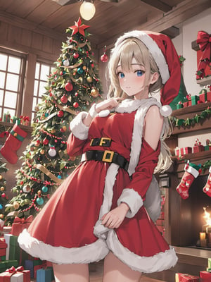 girl, santa costume,christmas, (decorate santa house together, Decorate the Christmas tre),shigure \(blue archive\),