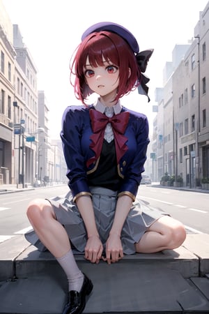 //Quality,
masterpiece, best quality
,//Character,
1girl, solo
,//Fashion, 
,//Background,
white_background
,//Others,
,spread legs, 
,aakana, short hair, beret, red eyes, blue headwear, red bowtie, collared shirt, blue jacket, open jacket, long sleeves, grey skirt