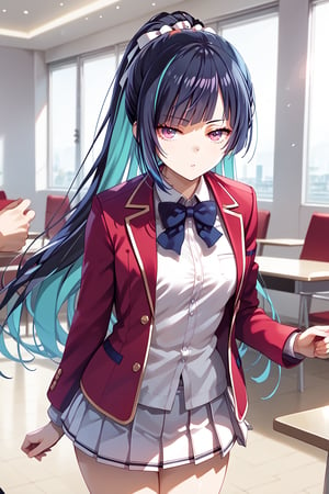 masterpiece, best quality, 8k, 8k UHD, ultra-high resolution, ultra-high definition, highres, cinematic lighting
,//Character, 
1girl, solo, yuki himeno, long hair, bangs, ponytail, multicolored hair, black hair, blue hair, purple eyes, blunt bangs, pink eyes, white shirt, red jacket, bowtie, pleated_skirt
,//Fashion, 
,//Background, 
,//Others, ,Expressiveh