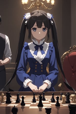 masterpiece, best quality, highres
,//Character, 
1girl,hestia, black hair, blue eyes,
twin tails/long hair, hair ornament
,//Fashion, 

,//Background, 
,//Others, ,Expressiveh, 
A group of children playing chess in a dimly lit study, with eerie shadows cast by candlelight and a portrait of Beatrice watching over them.