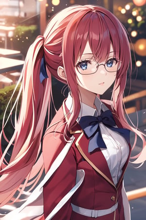 masterpiece, best quality, 8k, 8k UHD, ultra-high resolution, ultra-high definition, highres, cinematic lighting
,//Character, 
1girl, solo, airi sakura, glasses, very long hair, blue eyes, twintails, red hair, low twintails, pink hairwhite shirt, red jacket, bowtie, pleated_skirt
,//Fashion, 
,//Background, 
,//Others, ,Expressiveh