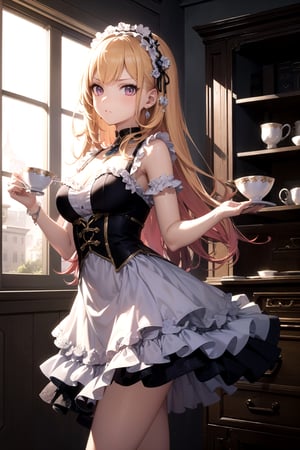 (best quality)++,(masterpiece)++,(ultra detailed)++,extremely detailed CG,((Add layer)),dynamic angle, 1girl,solo,holding a teacup,glaring eyes, Kitagawa marin